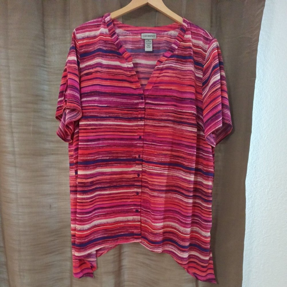 Women's Catherines Casual Career V-neck Hi-Low Vibrant Striped Tunic Blouse 2XL
